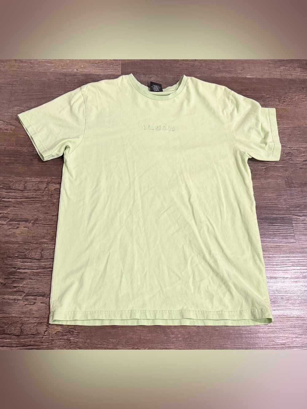 Men's Light Green Crew Neck Tee with Overtime Chest Embroidery